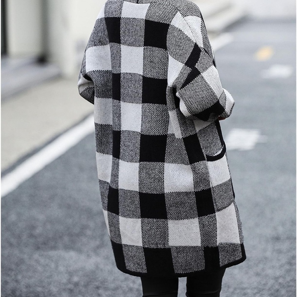 Oversized gingham open front long cardigan sweater